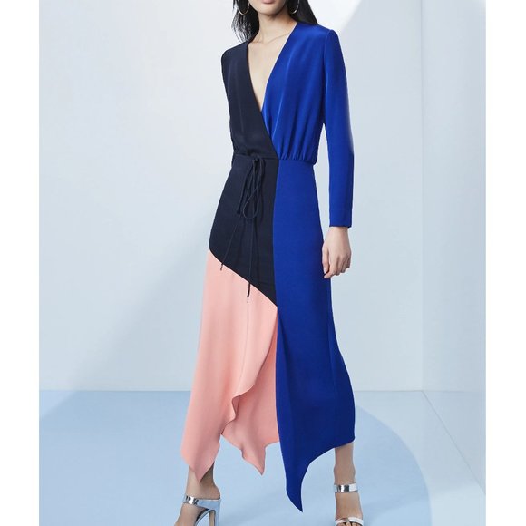 CUSHNIE Colorblock Long Sleeve Silk Wrap Dress - Picture 1 of 7